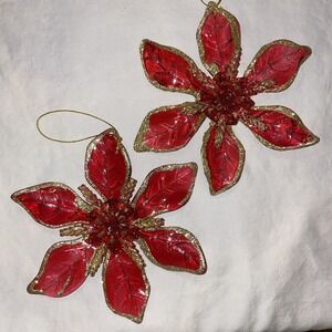 Cool Vintage Poinsetta Flower Christmas Ornaments Large 6.5 Inch Red Gold